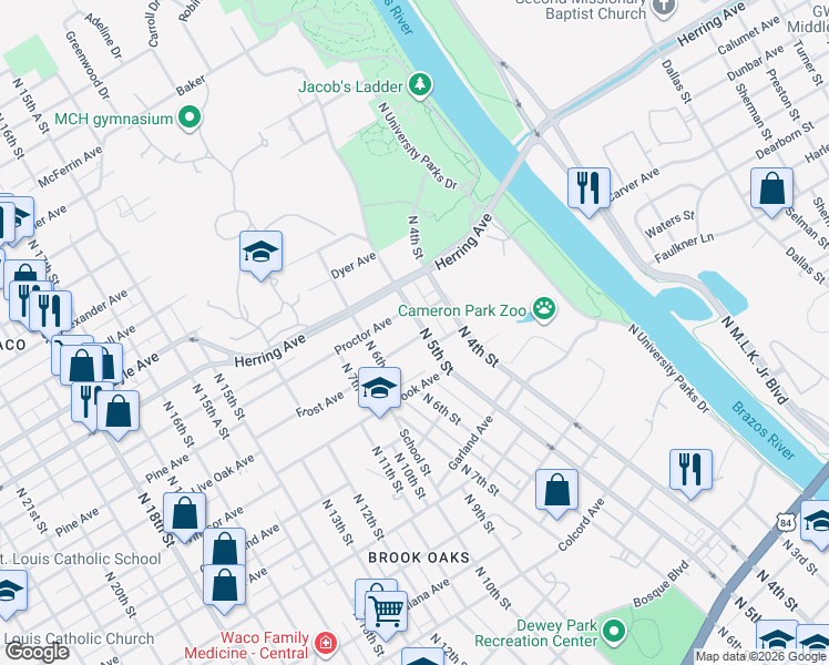 map of restaurants, bars, coffee shops, grocery stores, and more near 2023 North 5th Street in Waco