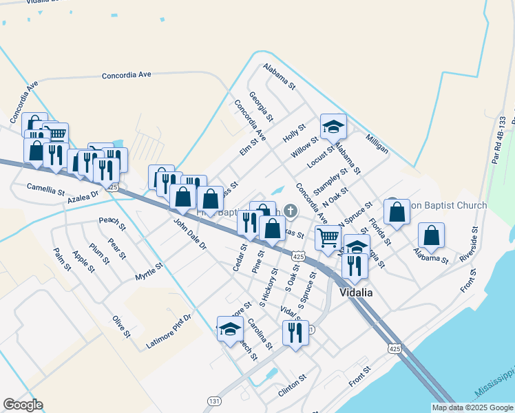 map of restaurants, bars, coffee shops, grocery stores, and more near 102-104 Clark Drive in Vidalia