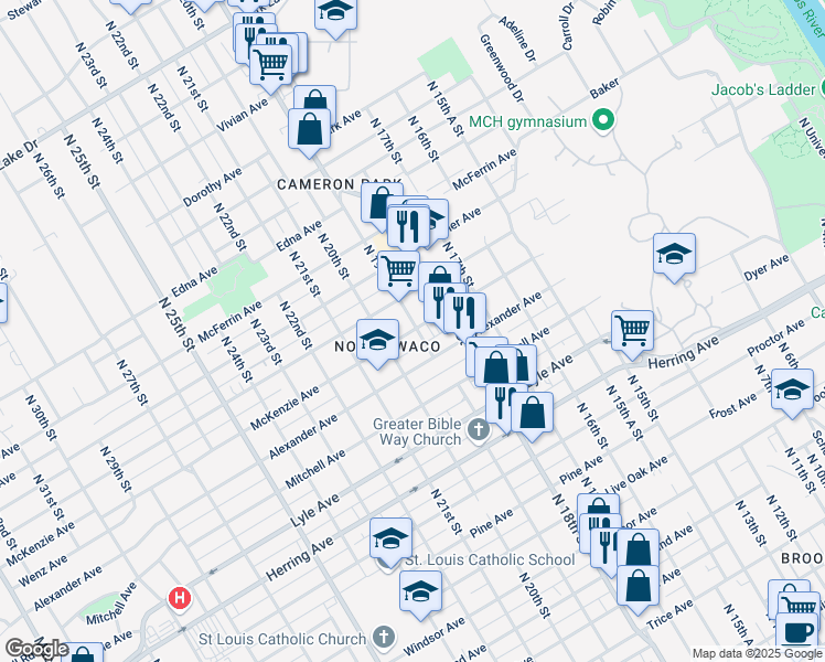 map of restaurants, bars, coffee shops, grocery stores, and more near 2807 North 19th Street in Waco