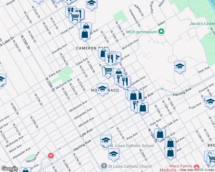 map of restaurants, bars, coffee shops, grocery stores, and more near 1910 Reuter Avenue in Waco