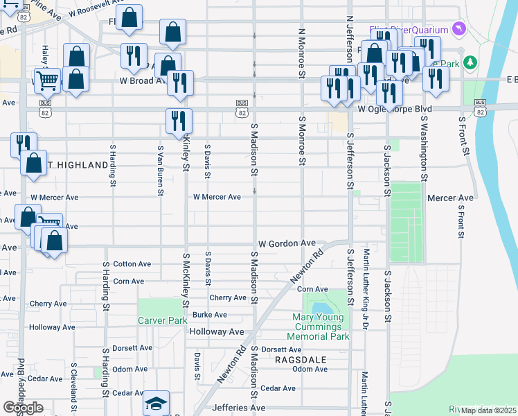 map of restaurants, bars, coffee shops, grocery stores, and more near 501 S Madison St in Albany
