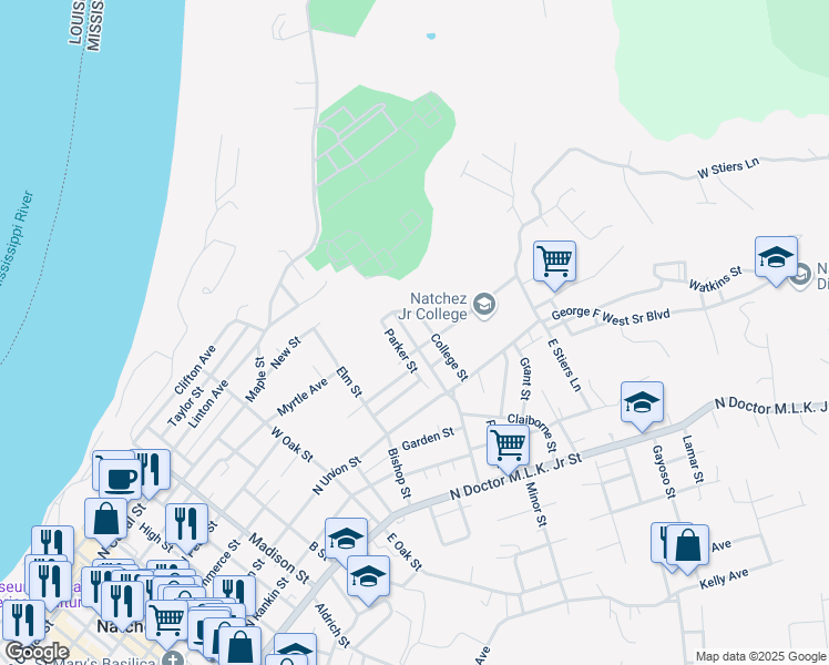 map of restaurants, bars, coffee shops, grocery stores, and more near 424 College Street in Natchez