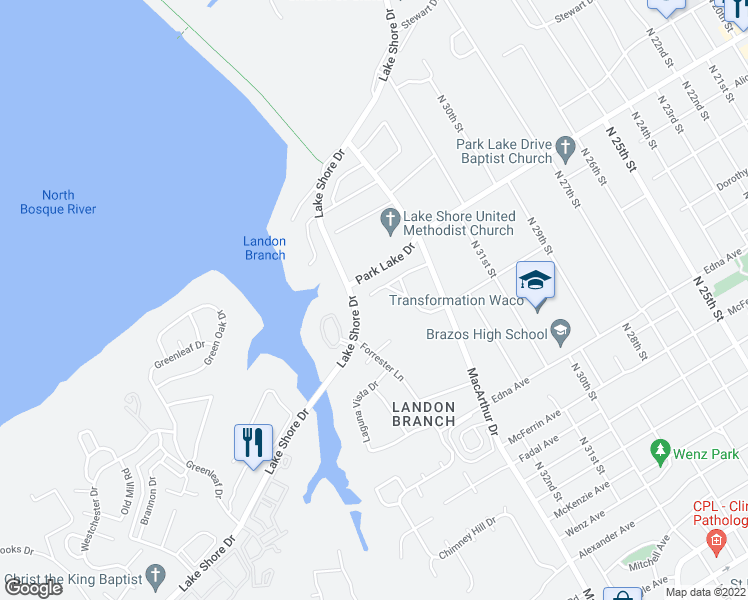 map of restaurants, bars, coffee shops, grocery stores, and more near 3509 Canyon Drive in Waco