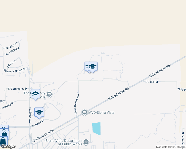 map of restaurants, bars, coffee shops, grocery stores, and more near 5225 East Buena School Boulevard in Sierra Vista