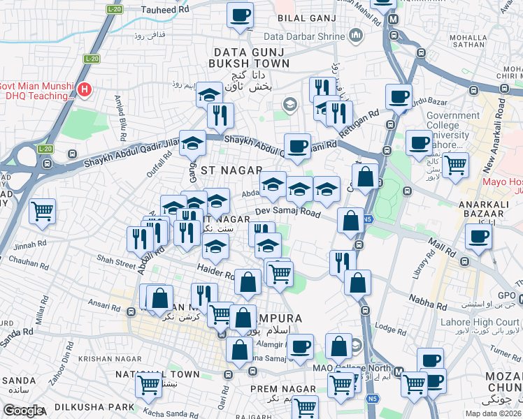 map of restaurants, bars, coffee shops, grocery stores, and more near 38 Dev Samaj Road in Lahore