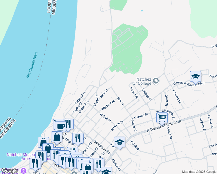 map of restaurants, bars, coffee shops, grocery stores, and more near 34 New Street in Natchez