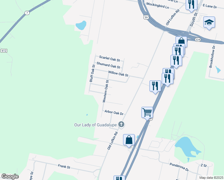 map of restaurants, bars, coffee shops, grocery stores, and more near 719 Georgia Oak Street in Nacogdoches