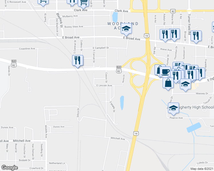 map of restaurants, bars, coffee shops, grocery stores, and more near 1501 East Lincoln Avenue in Albany