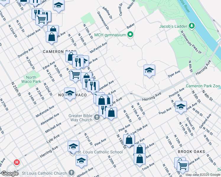 map of restaurants, bars, coffee shops, grocery stores, and more near 2606 North 16th Street in Waco