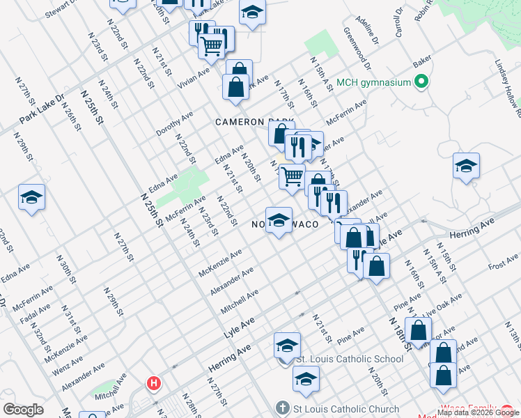 map of restaurants, bars, coffee shops, grocery stores, and more near 2009 Reuter Avenue in Waco