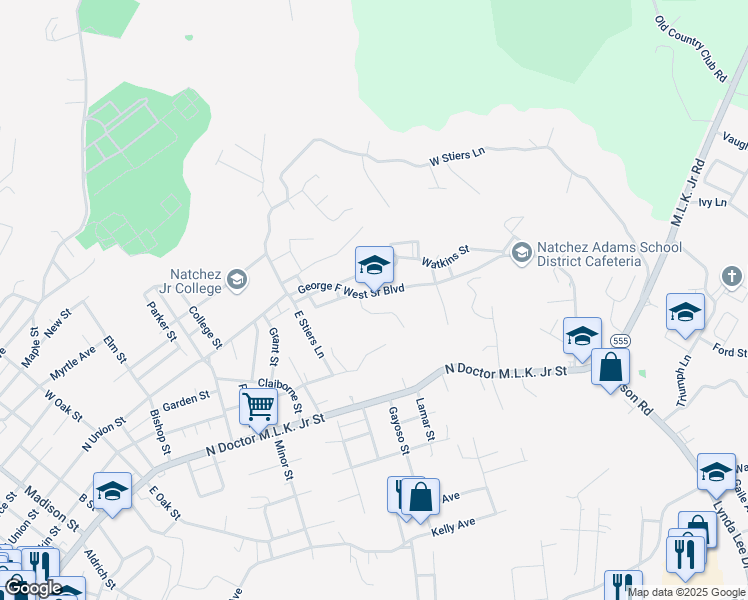 map of restaurants, bars, coffee shops, grocery stores, and more near 1445 George F West Sr Blvd in Natchez