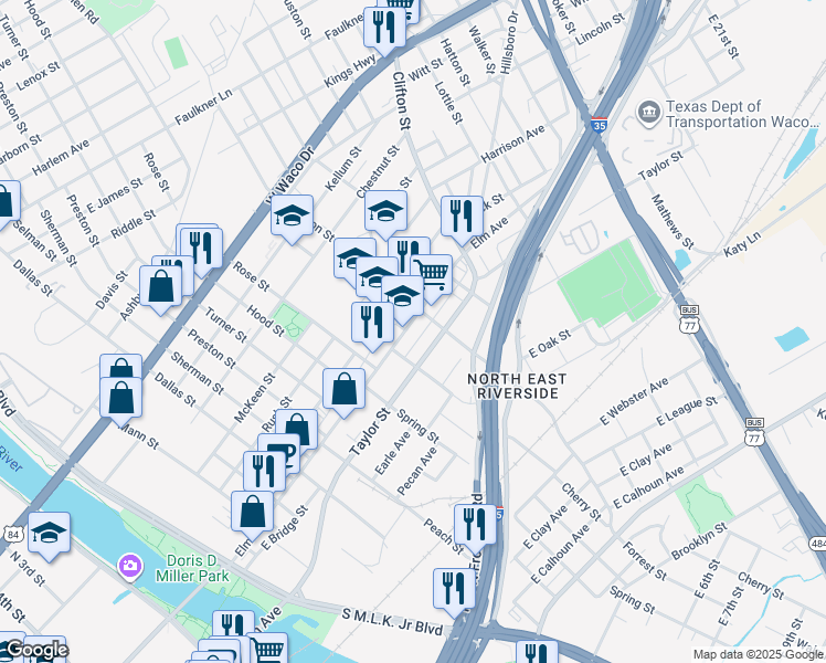 map of restaurants, bars, coffee shops, grocery stores, and more near 1036 Taylor Street in Waco