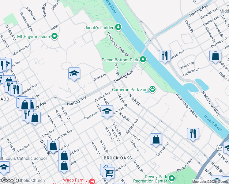 map of restaurants, bars, coffee shops, grocery stores, and more near 513 Proctor Avenue in Waco