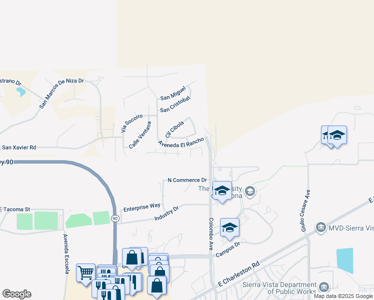 map of restaurants, bars, coffee shops, grocery stores, and more near 1489 Calle Esperanza in Sierra Vista