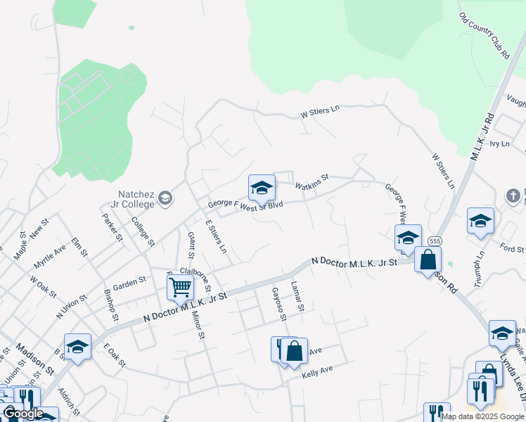 map of restaurants, bars, coffee shops, grocery stores, and more near 1445 George F West Sr Boulevard in Natchez