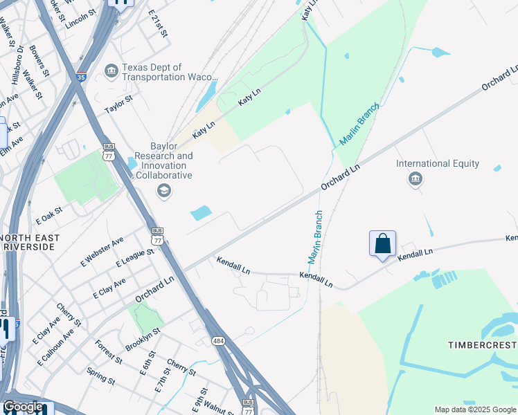 map of restaurants, bars, coffee shops, grocery stores, and more near 2100 Orchard Lane in Waco