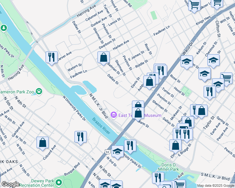 map of restaurants, bars, coffee shops, grocery stores, and more near 1010 Dallas Street in Waco