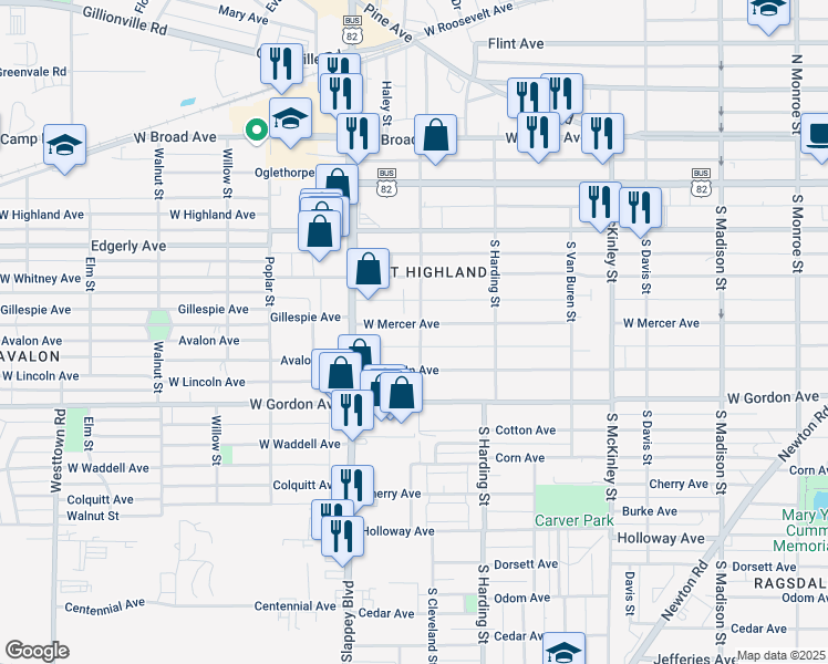 map of restaurants, bars, coffee shops, grocery stores, and more near 501 South Cleveland Street in Albany