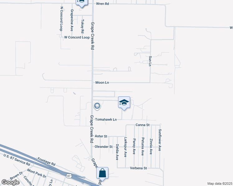 map of restaurants, bars, coffee shops, grocery stores, and more near 7613 North Copper Mountain Circle in San Angelo