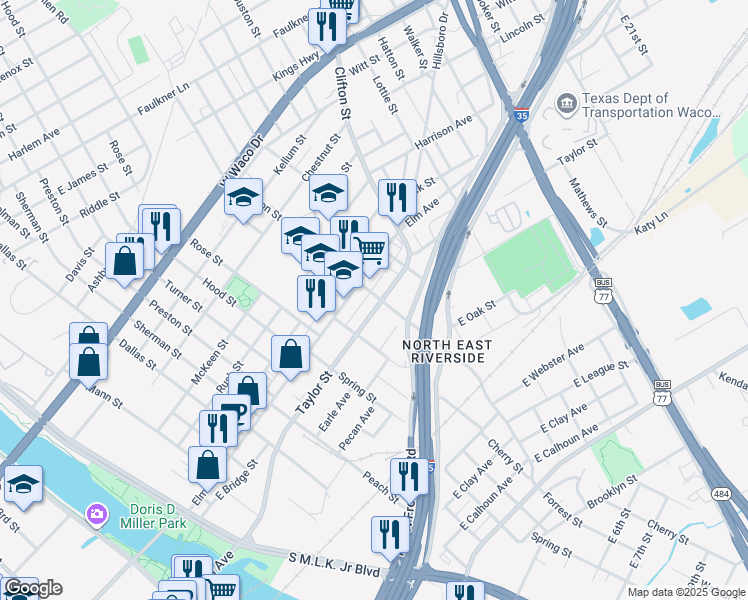 map of restaurants, bars, coffee shops, grocery stores, and more near 1036 Taylor Street in Waco