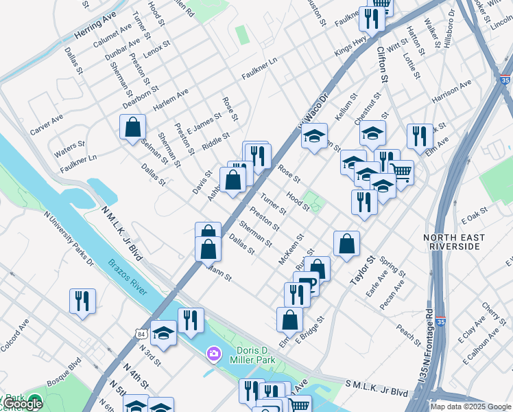 map of restaurants, bars, coffee shops, grocery stores, and more near 615 Preston St in Waco
