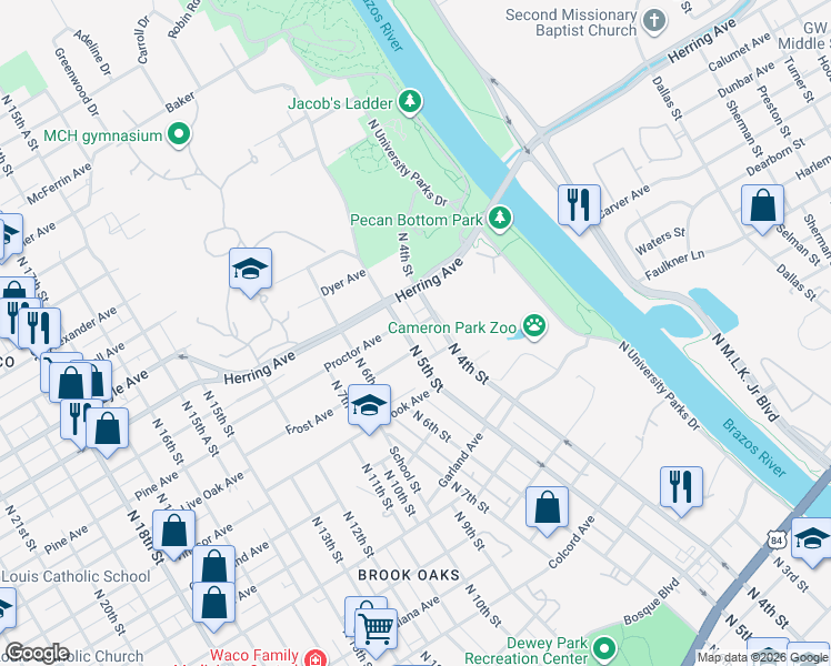 map of restaurants, bars, coffee shops, grocery stores, and more near 2023 North 5th Street in Waco