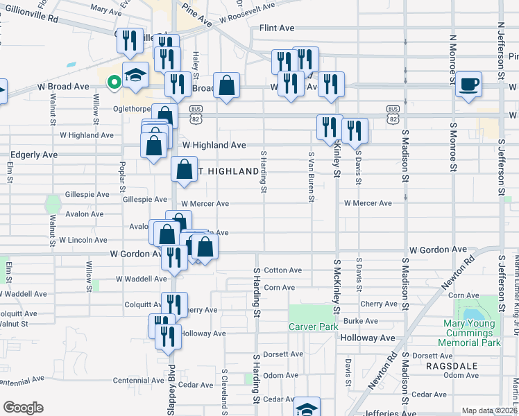 map of restaurants, bars, coffee shops, grocery stores, and more near 501 South Harding Street in Albany