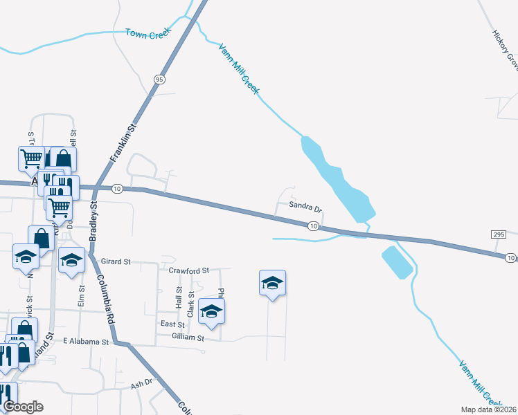 map of restaurants, bars, coffee shops, grocery stores, and more near 303 East Washington Street in Abbeville