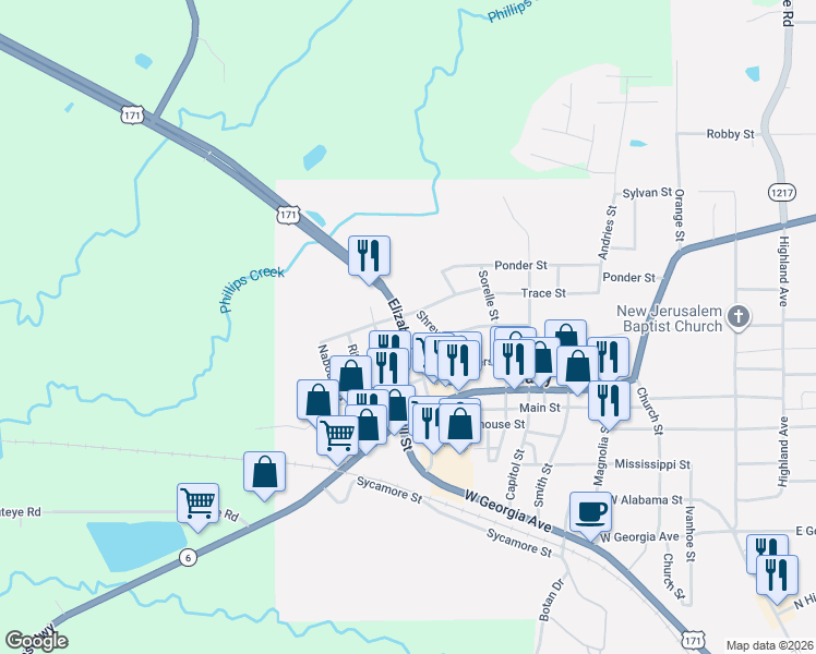 map of restaurants, bars, coffee shops, grocery stores, and more near 866-898 Elizabeth Street in Many