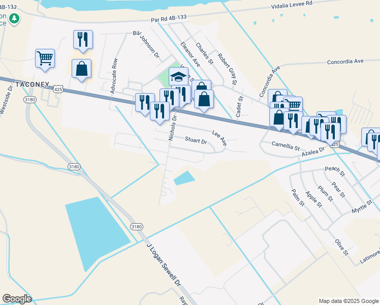 map of restaurants, bars, coffee shops, grocery stores, and more near 157 Lee Avenue in Vidalia