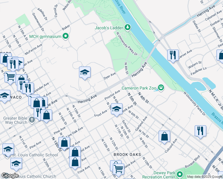 map of restaurants, bars, coffee shops, grocery stores, and more near 544 Herring Avenue in Waco