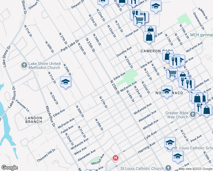 map of restaurants, bars, coffee shops, grocery stores, and more near 3141 North 26th Street in Waco