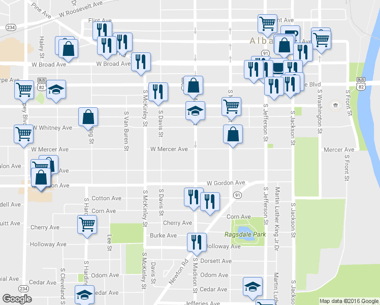 map of restaurants, bars, coffee shops, grocery stores, and more near 501 South Madison Street in Albany