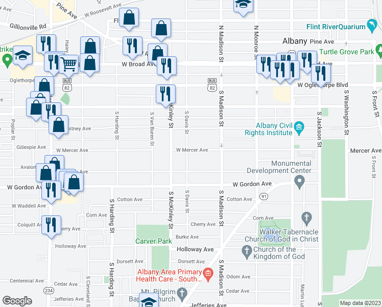 map of restaurants, bars, coffee shops, grocery stores, and more near 500 South Davis Street in Albany