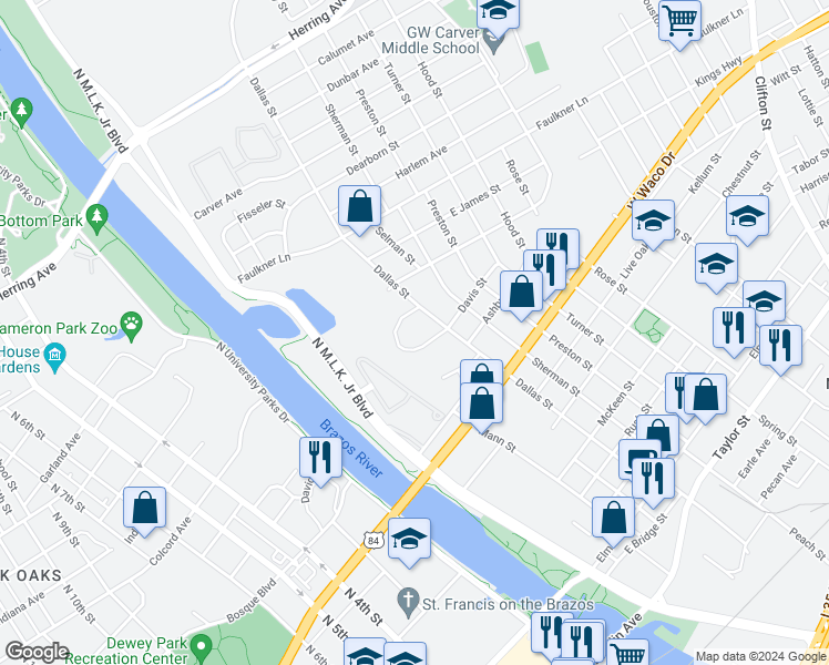 map of restaurants, bars, coffee shops, grocery stores, and more near 1010 Dallas Street in Waco