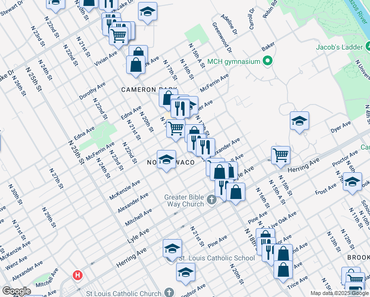 map of restaurants, bars, coffee shops, grocery stores, and more near 2807 North 19th Street in Waco