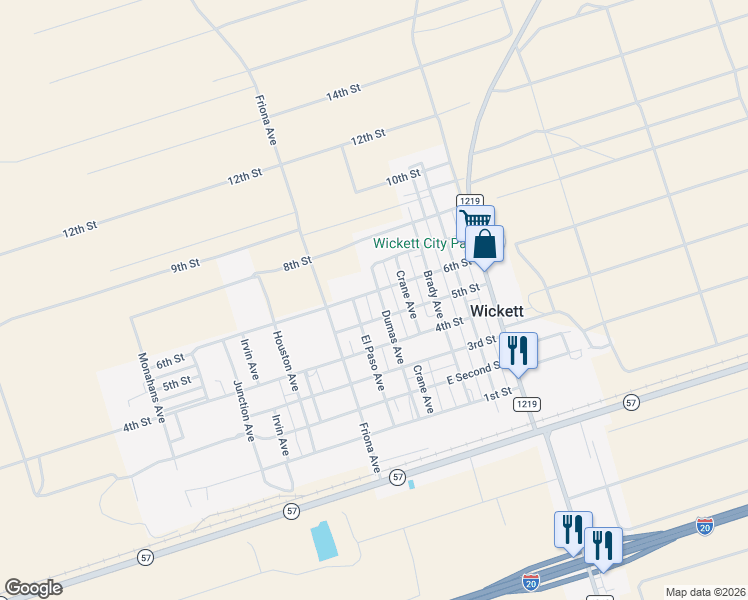 map of restaurants, bars, coffee shops, grocery stores, and more near 6th Street in Wickett