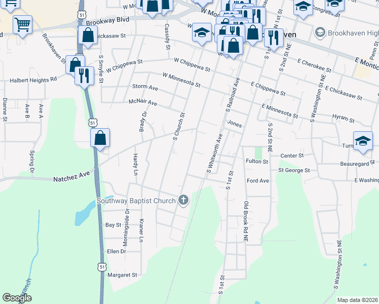 map of restaurants, bars, coffee shops, grocery stores, and more near 900 South Jackson Street in Brookhaven