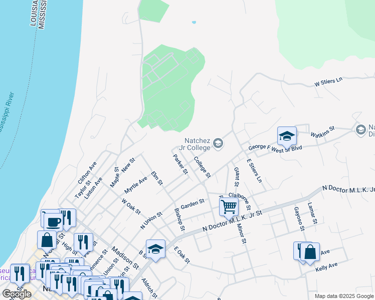 map of restaurants, bars, coffee shops, grocery stores, and more near 424 College Street in Natchez