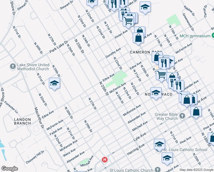map of restaurants, bars, coffee shops, grocery stores, and more near 2417 McFerrin Ave in Waco