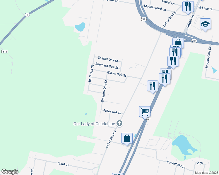 map of restaurants, bars, coffee shops, grocery stores, and more near 719 Georgia Oak Street in Nacogdoches