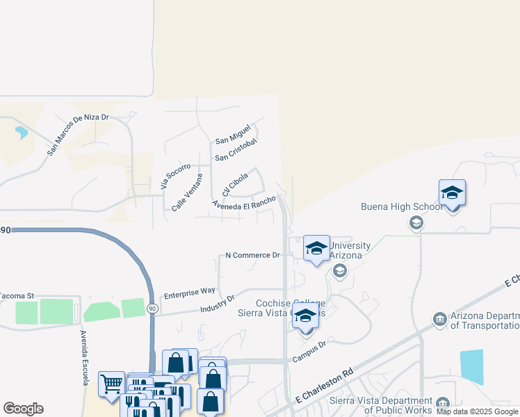 map of restaurants, bars, coffee shops, grocery stores, and more near 4677 Rancho Mesa in Sierra Vista