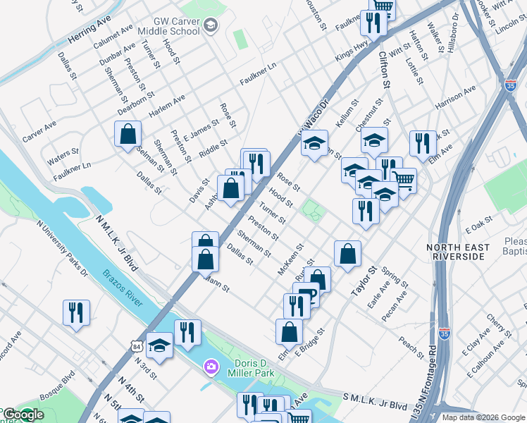 map of restaurants, bars, coffee shops, grocery stores, and more near 615 Preston Street in Waco