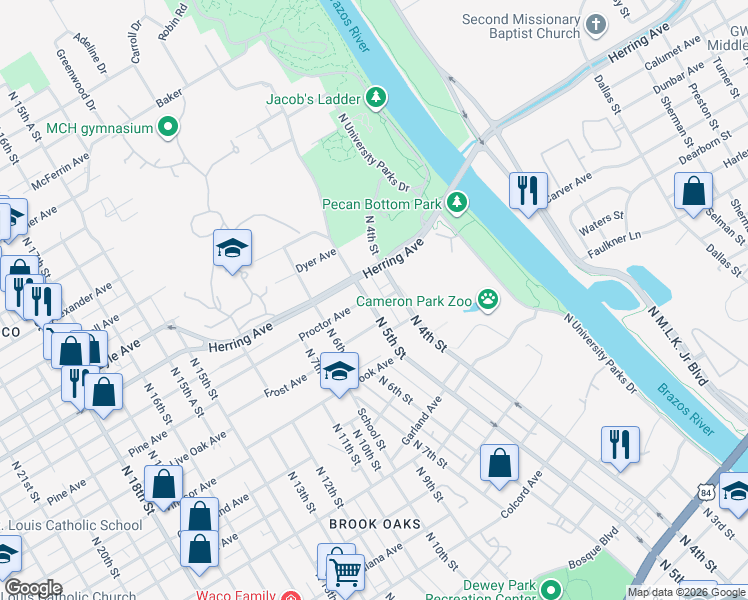 map of restaurants, bars, coffee shops, grocery stores, and more near 2023 North 5th Street in Waco