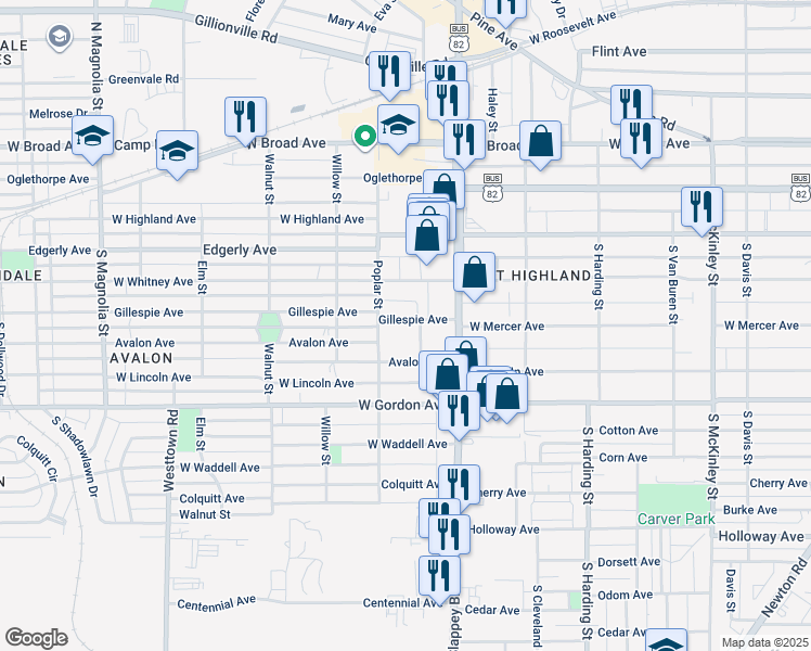 map of restaurants, bars, coffee shops, grocery stores, and more near 1120 Gillespie Avenue in Albany