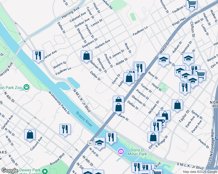map of restaurants, bars, coffee shops, grocery stores, and more near 915 Dallas Street in Waco