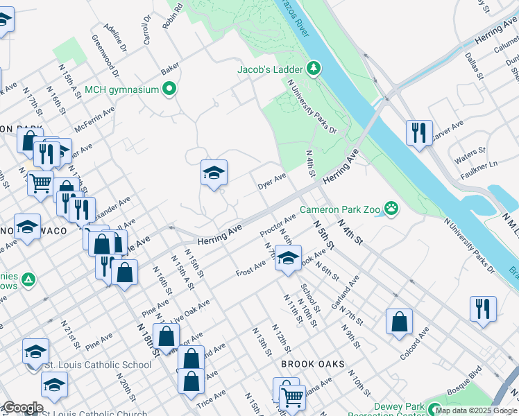 map of restaurants, bars, coffee shops, grocery stores, and more near 544 Herring Avenue in Waco