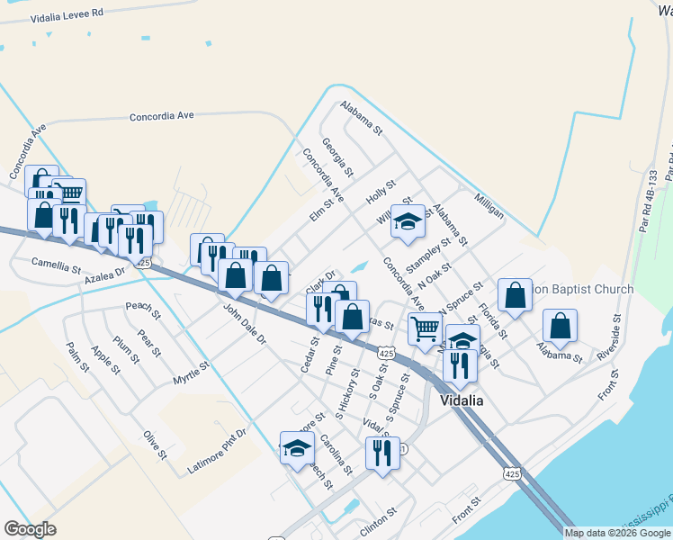 map of restaurants, bars, coffee shops, grocery stores, and more near 102 Clark Drive in Vidalia