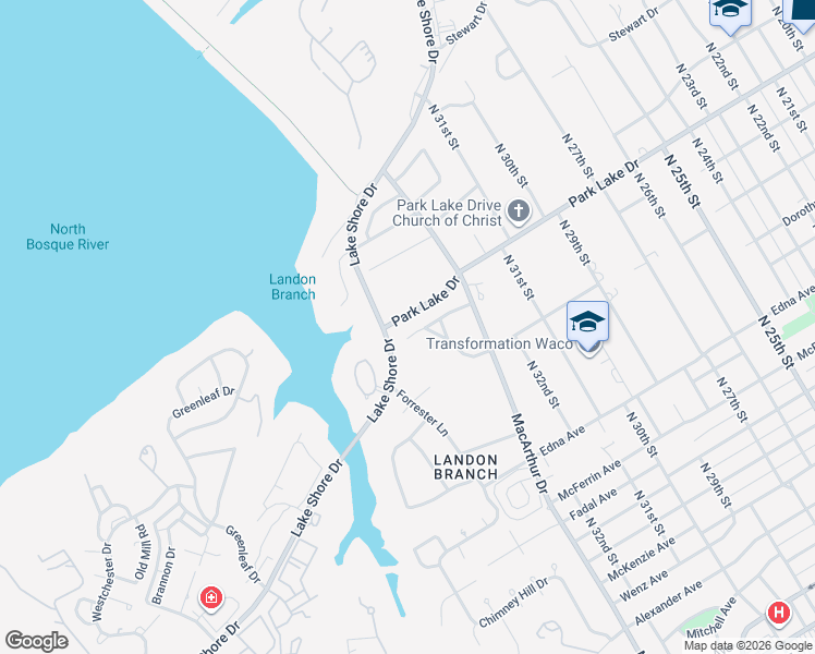 map of restaurants, bars, coffee shops, grocery stores, and more near 3509 Canyon Drive in Waco