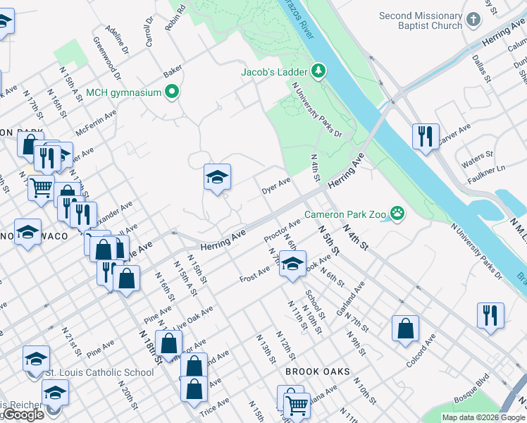 map of restaurants, bars, coffee shops, grocery stores, and more near 544 Herring Avenue in Waco
